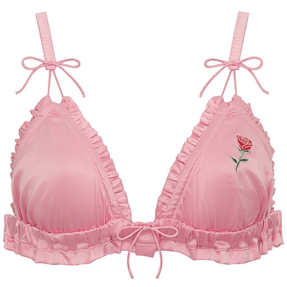 Victorias Secret Love&Lemon Pink Ruffle Bralette Rose Embroider XS satin new bra